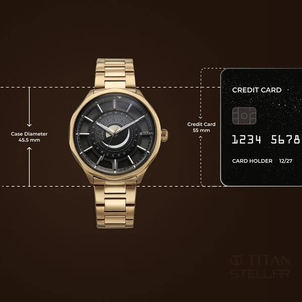 Titan Stellar Analog with Sun Moon Phase and Black Dial Carnation Gold Stainless Steel Strap Watch for Men
