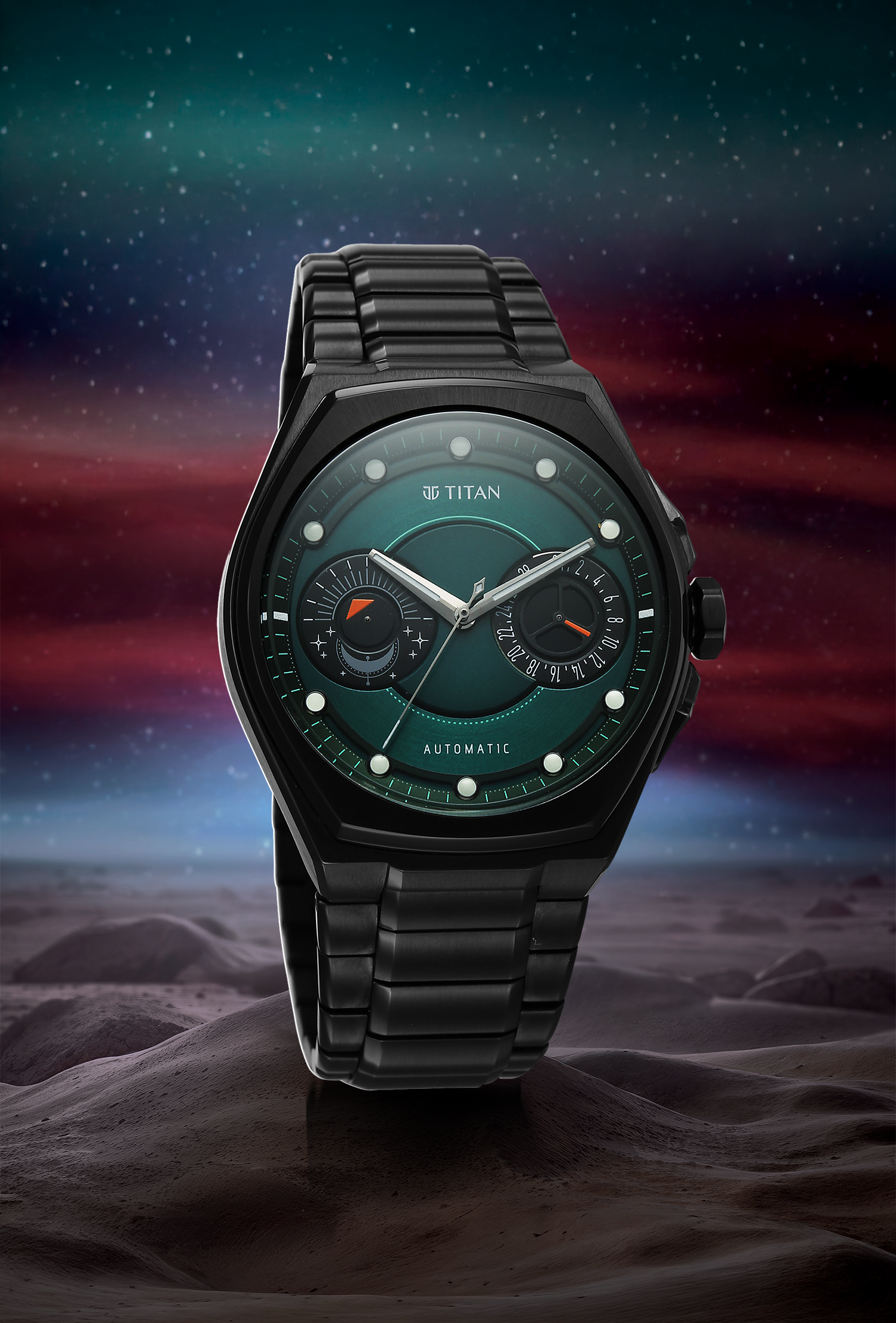 Titan Stellar Aurora Caelum Sun Moon Disc Automatic Watch