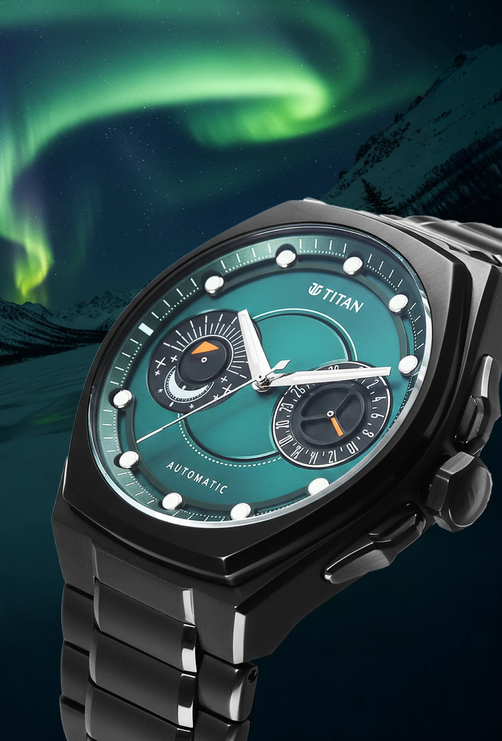 Titan Stellar Aurora Caelum Sun Moon Disc Automatic Watch
