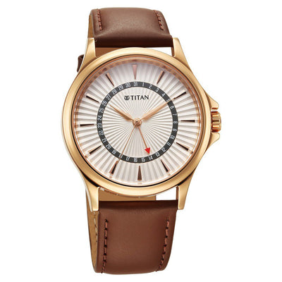 Titan Karishma Quartz Analog with Date Silver Dial Leather Strap Watch For Men