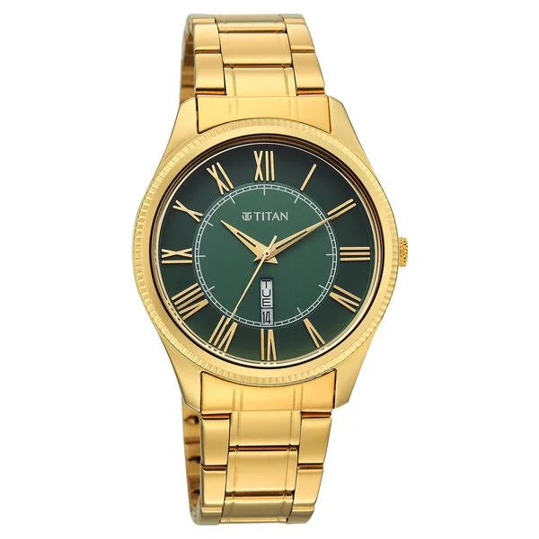 Titan Green Dial Gold Stainless Steel Strap Analog with Day-Date Watch for Men