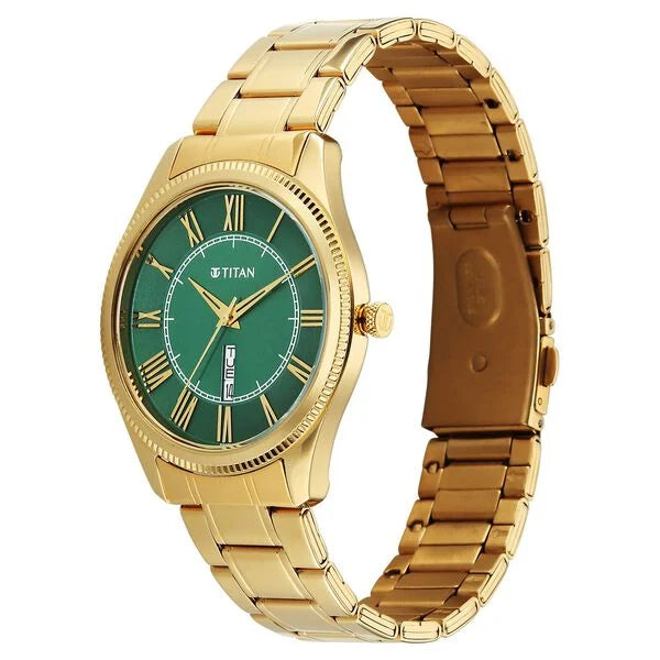 Titan Green Dial Gold Stainless Steel Strap Analog with Day-Date Watch for Men