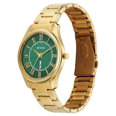 Titan Green Dial Gold Stainless Steel Strap Analog with Day-Date Watch for Men