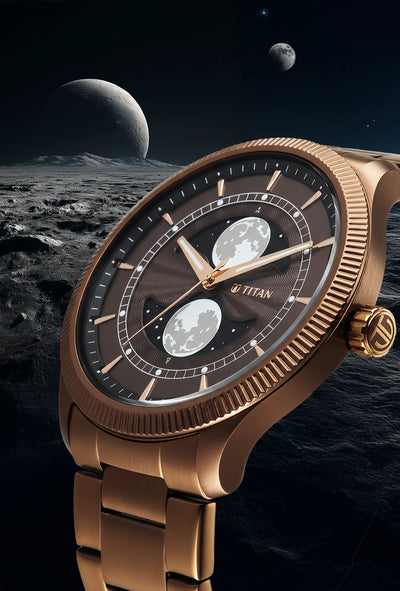 Titan Stellar Analog with Dual Moon Phase Brown Dial Watch