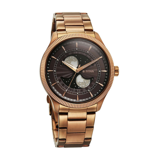 Titan Stellar Analog with Dual Moon Phase and Brown Dial IP Bronze Stainless Steel Strap Watch for Men