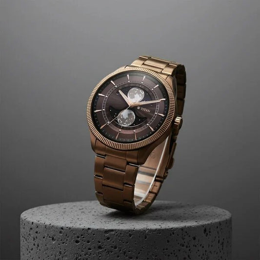 Titan Stellar Analog with Dual Moon Phase and Brown Dial IP Bronze Stainless Steel Strap Watch for Men