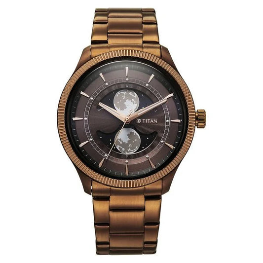 Titan Stellar Analog with Dual Moon Phase and Brown Dial IP Bronze Stainless Steel Strap Watch for Men