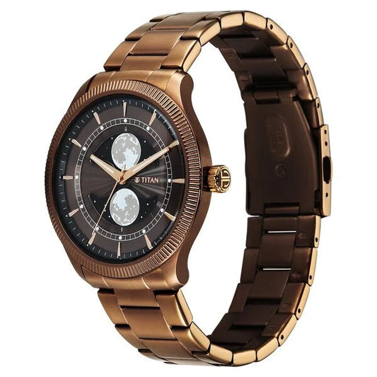 Titan Stellar Analog with Dual Moon Phase and Brown Dial IP Bronze Stainless Steel Strap Watch for Men