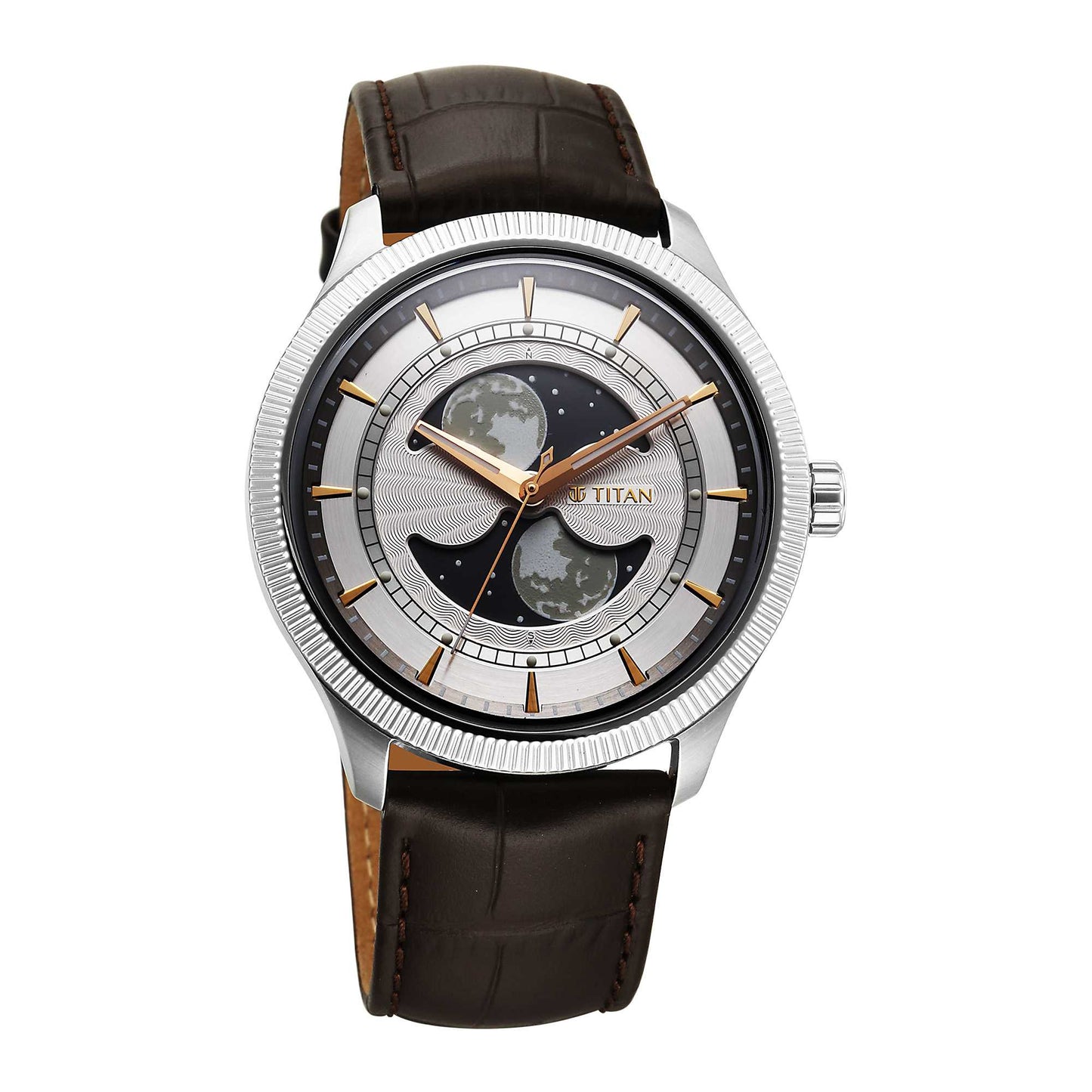 Titan Stellar Analog with Dual Moon Phase and Silver Dial Brown Leather Strap Watch for Men