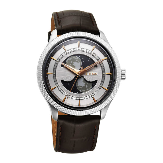 Titan Stellar Analog with Dual Moon Phase and Silver Dial Brown Leather Strap Watch for Men