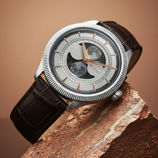 Titan Stellar Analog with Dual Moon Phase and Silver Dial Brown Leather Strap Watch for Men