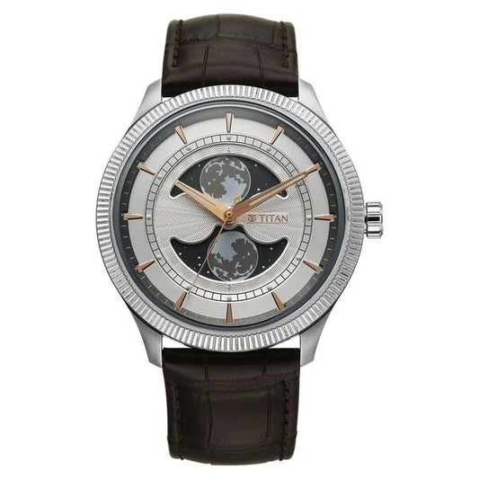 Titan Stellar Analog with Dual Moon Phase and Silver Dial Brown Leather Strap Watch for Men