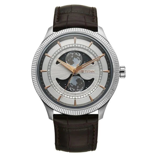 Titan Stellar Analog with Dual Moon Phase and Silver Dial Brown Leather Strap Watch for Men
