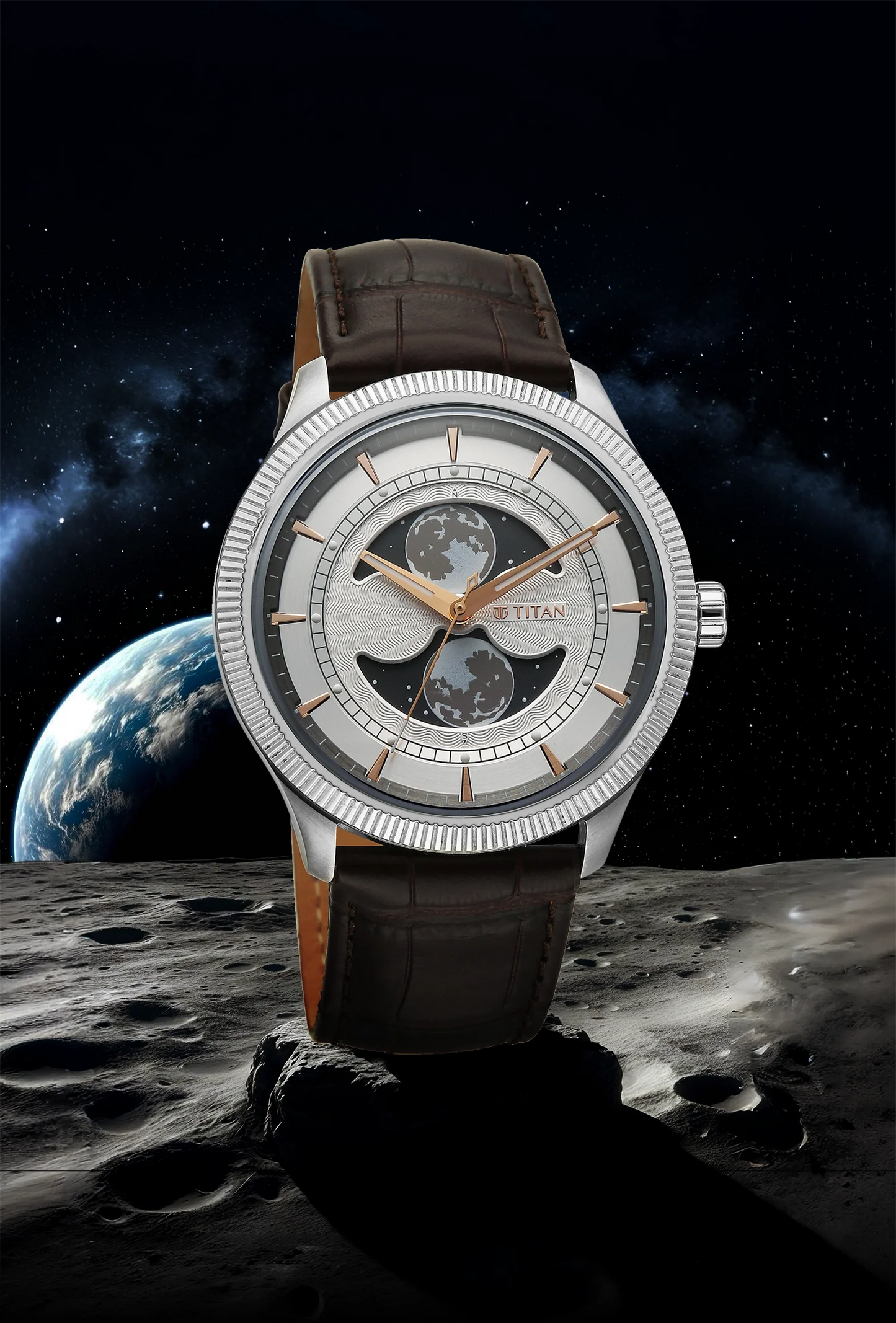 Titan Stellar Analog with Dual Moon Phase Silver Dial Watch