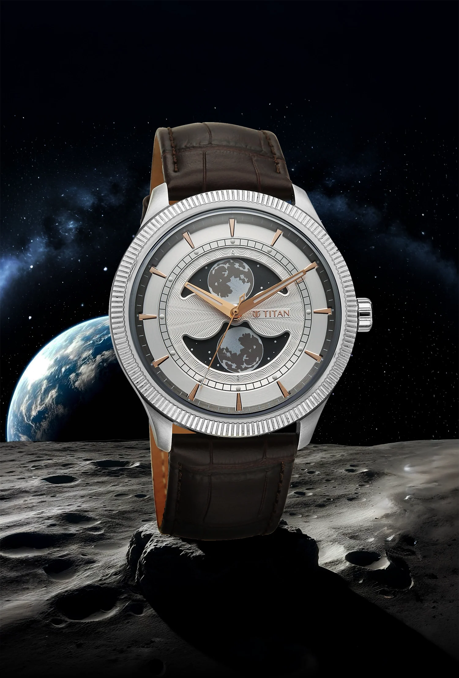 Titan Stellar Analog with Dual Moon Phase Silver Dial Watch