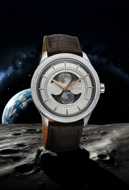Titan Stellar Analog with Dual Moon Phase Silver Dial Watch