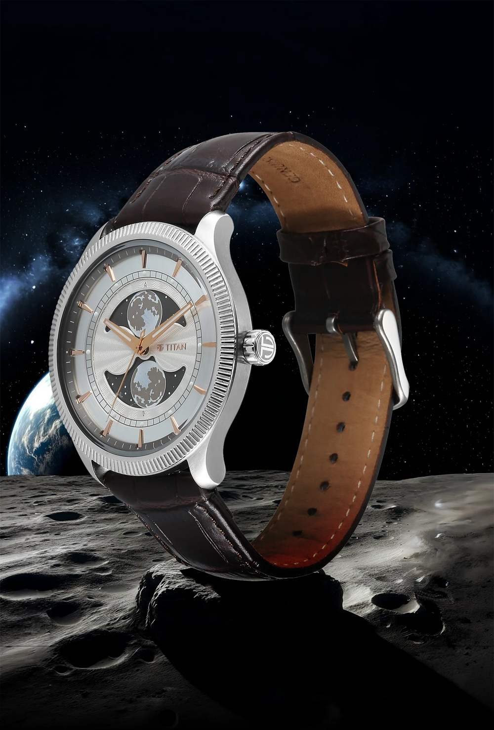 Titan Stellar Analog with Dual Moon Phase Silver Dial Watch