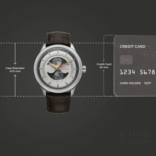Titan Stellar Analog with Dual Moon Phase and Silver Dial Brown Leather Strap Watch for Men