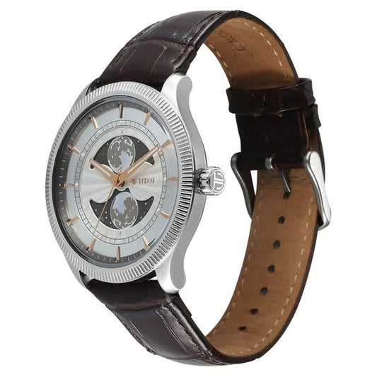 Titan Stellar Analog with Dual Moon Phase and Silver Dial Brown Leather Strap Watch for Men
