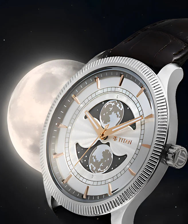 Titan Stellar Analog with Dual Moon Phase Silver Dial Watch