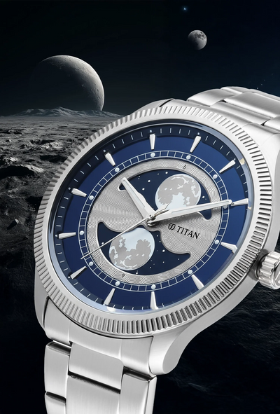 Titan Stellar Analog with Dual Moon Blue Phase Dial Watch