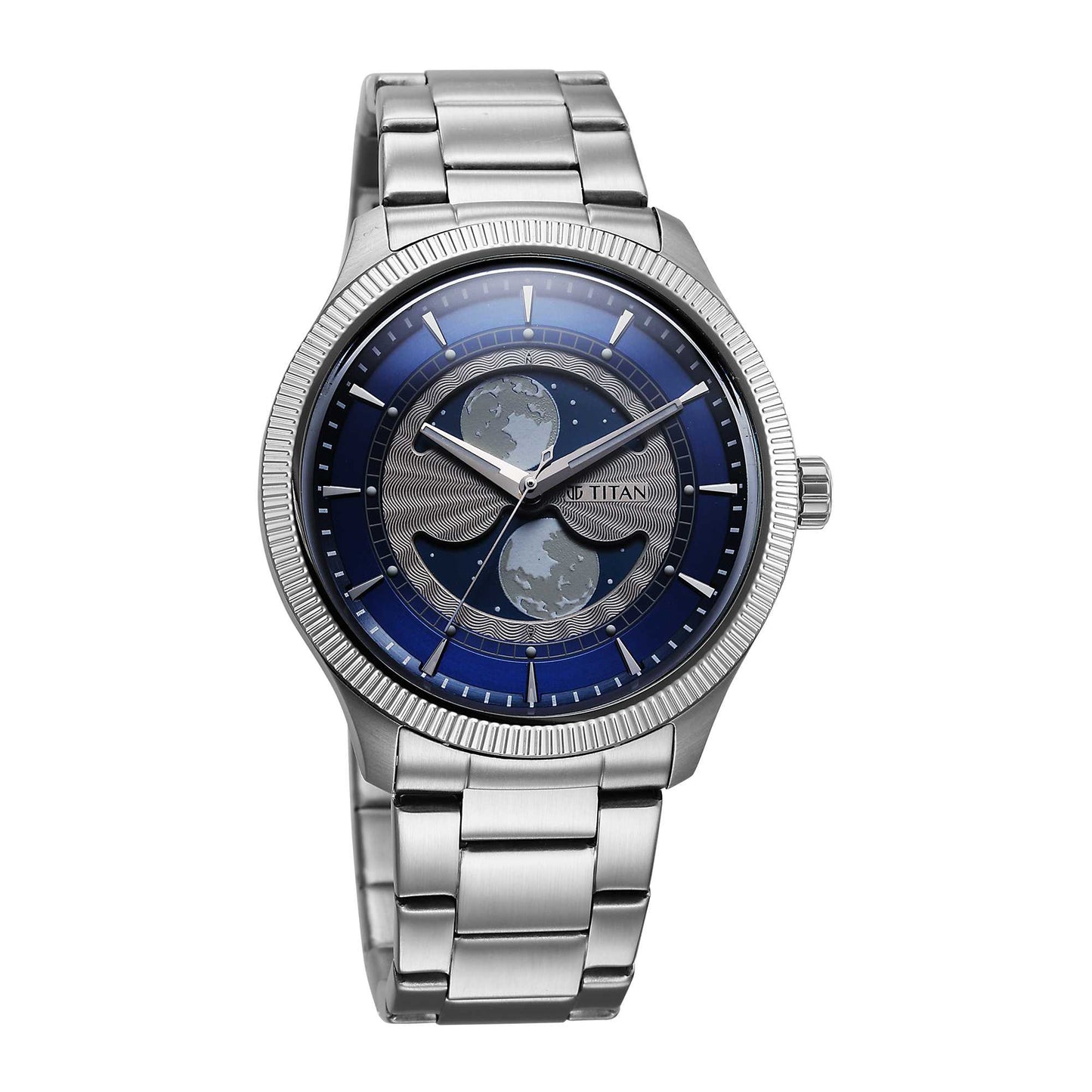 Titan Stellar Analog with Dual Moon Phase and Blue Dial Silver Stainless Steel Strap Watch for Men