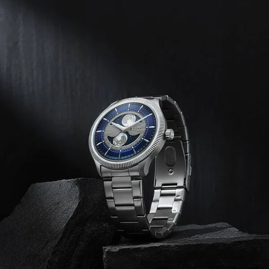 Titan Stellar Analog with Dual Moon Phase and Blue Dial Silver Stainless Steel Strap Watch for Men