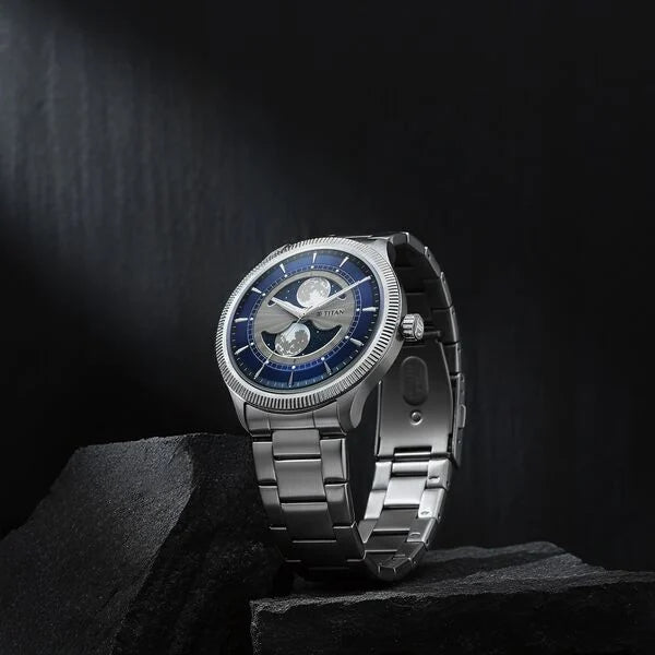 Titan Stellar Analog with Dual Moon Phase and Blue Dial Silver Stainless Steel Strap Watch for Men