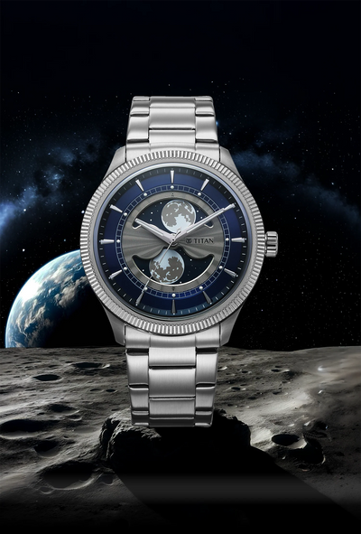 Titan Stellar Analog with Dual Moon Blue Phase Dial Watch