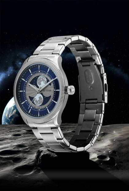 Titan Stellar Analog with Dual Moon Blue Phase Dial Watch