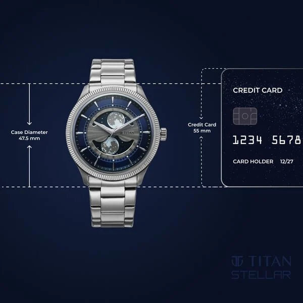 Titan Stellar Analog with Dual Moon Phase and Blue Dial Silver Stainless Steel Strap Watch for Men
