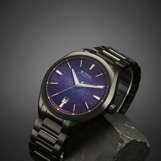 Titan Stellar Starlight Analog with Concealed Automatic and Violet Dial Dark Gun Stainless Steel Strap Watch for Men