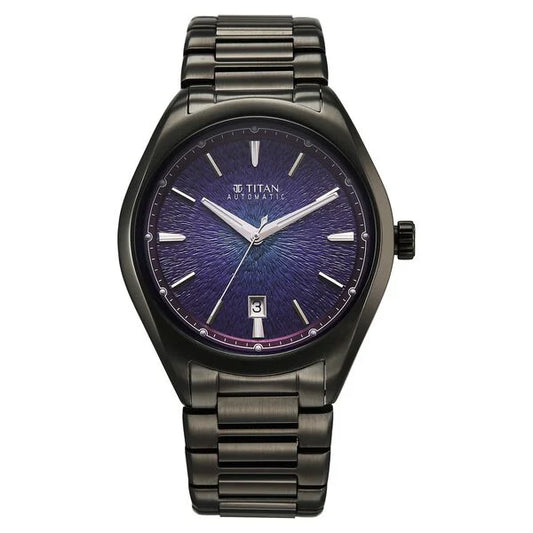 Titan Stellar Starlight Analog with Concealed Automatic and Violet Dial Dark Gun Stainless Steel Strap Watch for Men