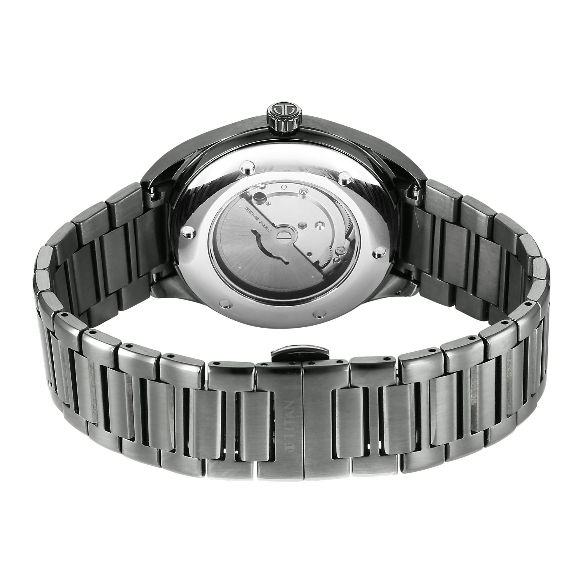 Titan Stellar Starlight Analog with Concealed Automatic and Violet Dial Dark Gun Stainless Steel Strap Watch for Men