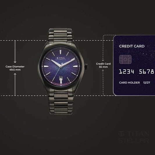 Titan Stellar Starlight Analog with Concealed Automatic and Violet Dial Dark Gun Stainless Steel Strap Watch for Men