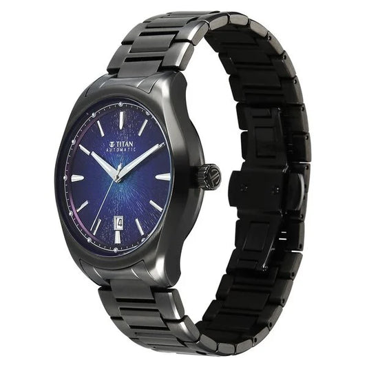 Titan Stellar Starlight Analog with Concealed Automatic and Violet Dial Dark Gun Stainless Steel Strap Watch for Men