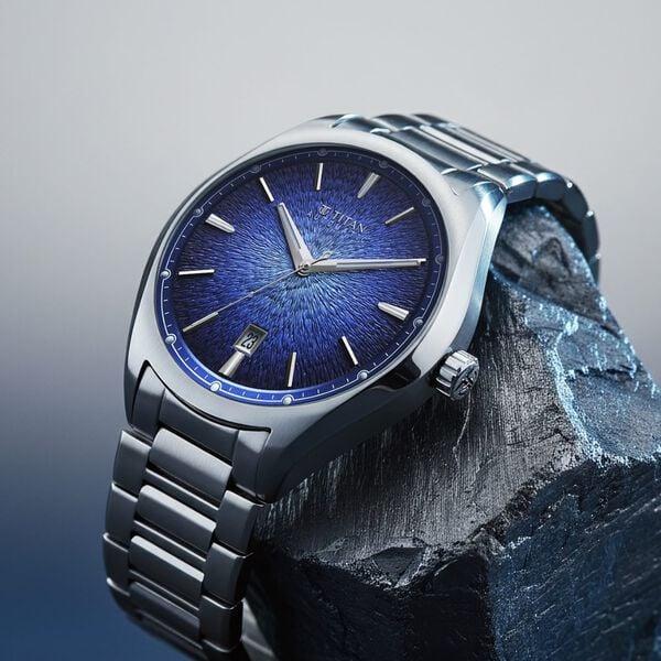 Titan Stellar Starlight Analog with Concealed Automatic and Blue Dial Silver Stainless Steel Strap Watch for Men