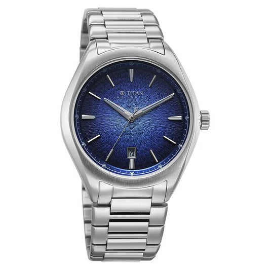 Titan Stellar Starlight Analog with Concealed Automatic and Blue Dial Silver Stainless Steel Strap Watch for Men