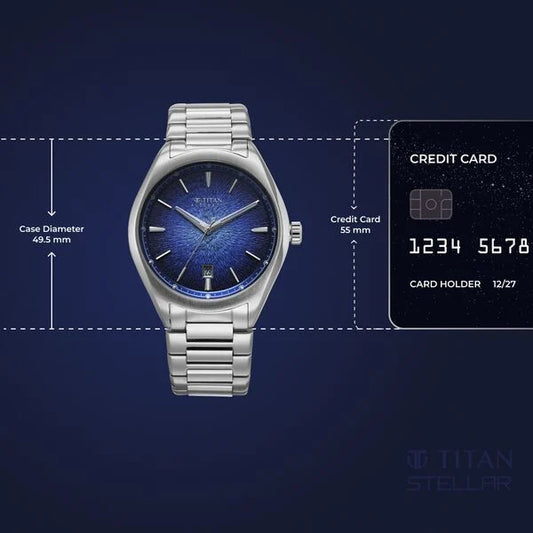 Titan Stellar Starlight Analog with Concealed Automatic and Blue Dial Silver Stainless Steel Strap Watch for Men