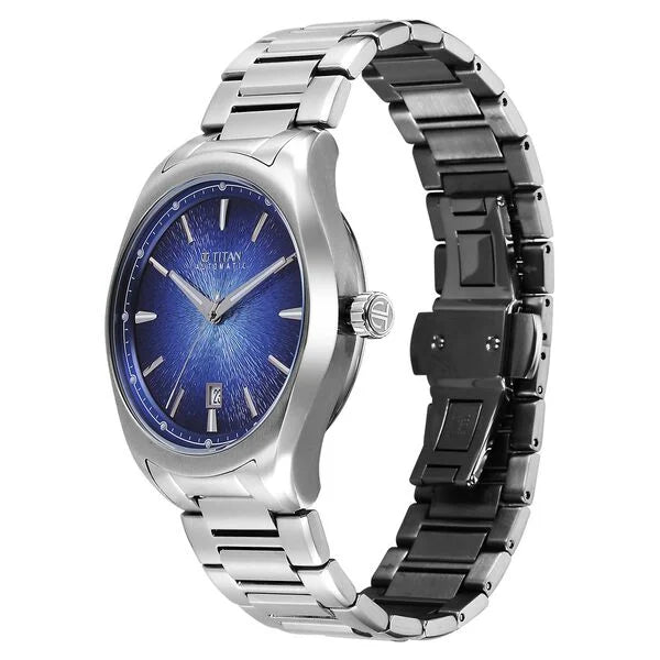 Titan Stellar Starlight Analog with Concealed Automatic and Blue Dial Silver Stainless Steel Strap Watch for Men