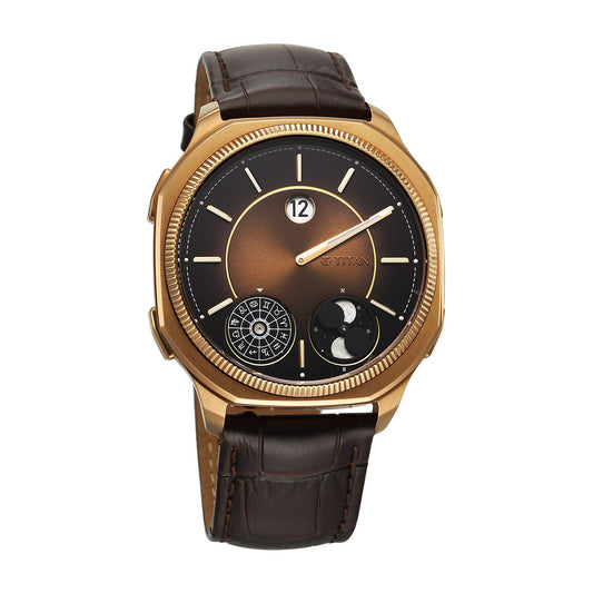 Titan Stellar Zodiac Analog with Dual Moonphase and Jumping Hour and Brown Dial Brown Leather Strap Watch for Men
