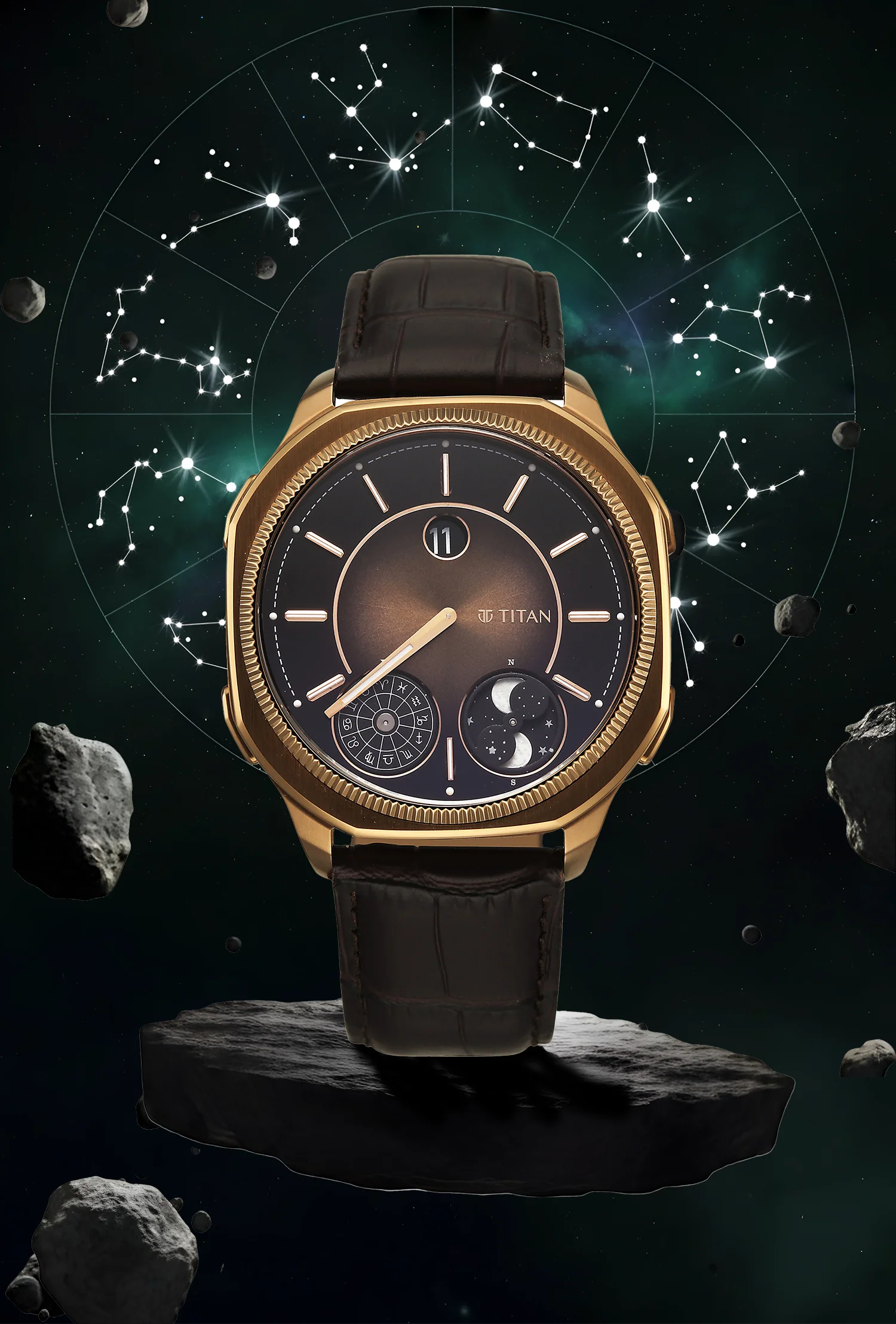 Titan Stellar Zodiac analog watch with brown dial, leather strap, dual moonphase, and jumping hour.