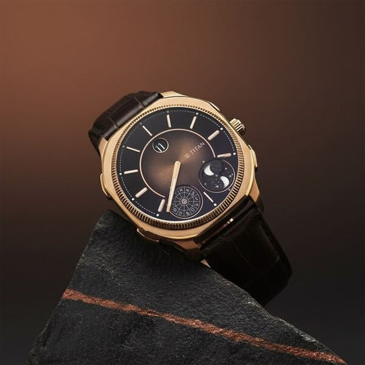 Titan Stellar Zodiac Analog with Dual Moonphase and Jumping Hour and Brown Dial Brown Leather Strap Watch for Men