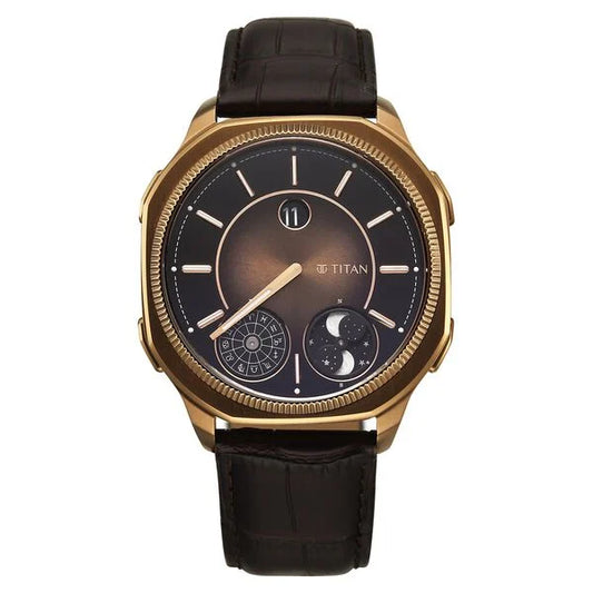 Titan Stellar Zodiac Analog with Dual Moonphase and Jumping Hour and Brown Dial Brown Leather Strap Watch for Men