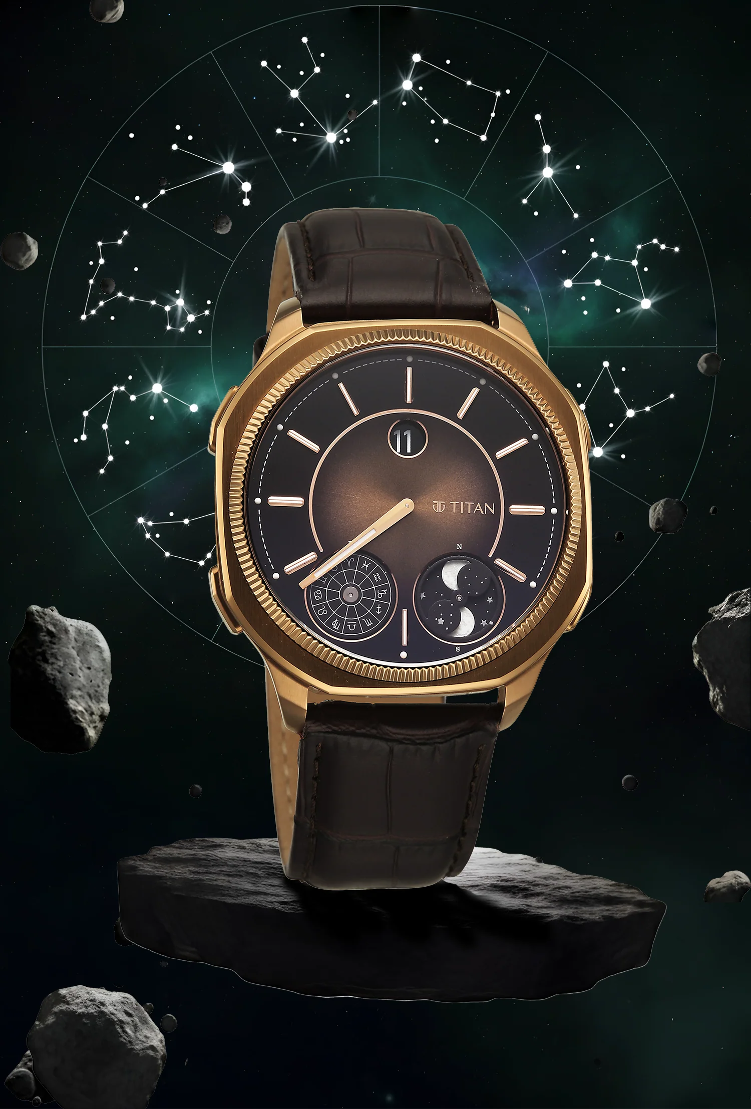 Golden Titan Stellar analog watch with brown dial, leather strap, dual moonphase, & starry backdrop.