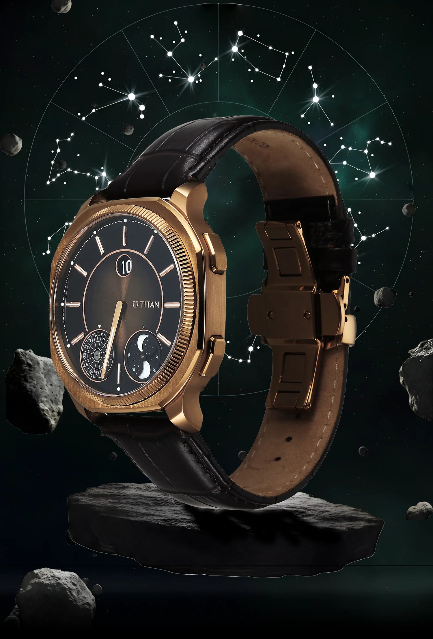 Angled view of Titan Stellar Zodiac analog watch showing brown dial, dual phase, & leather strap.