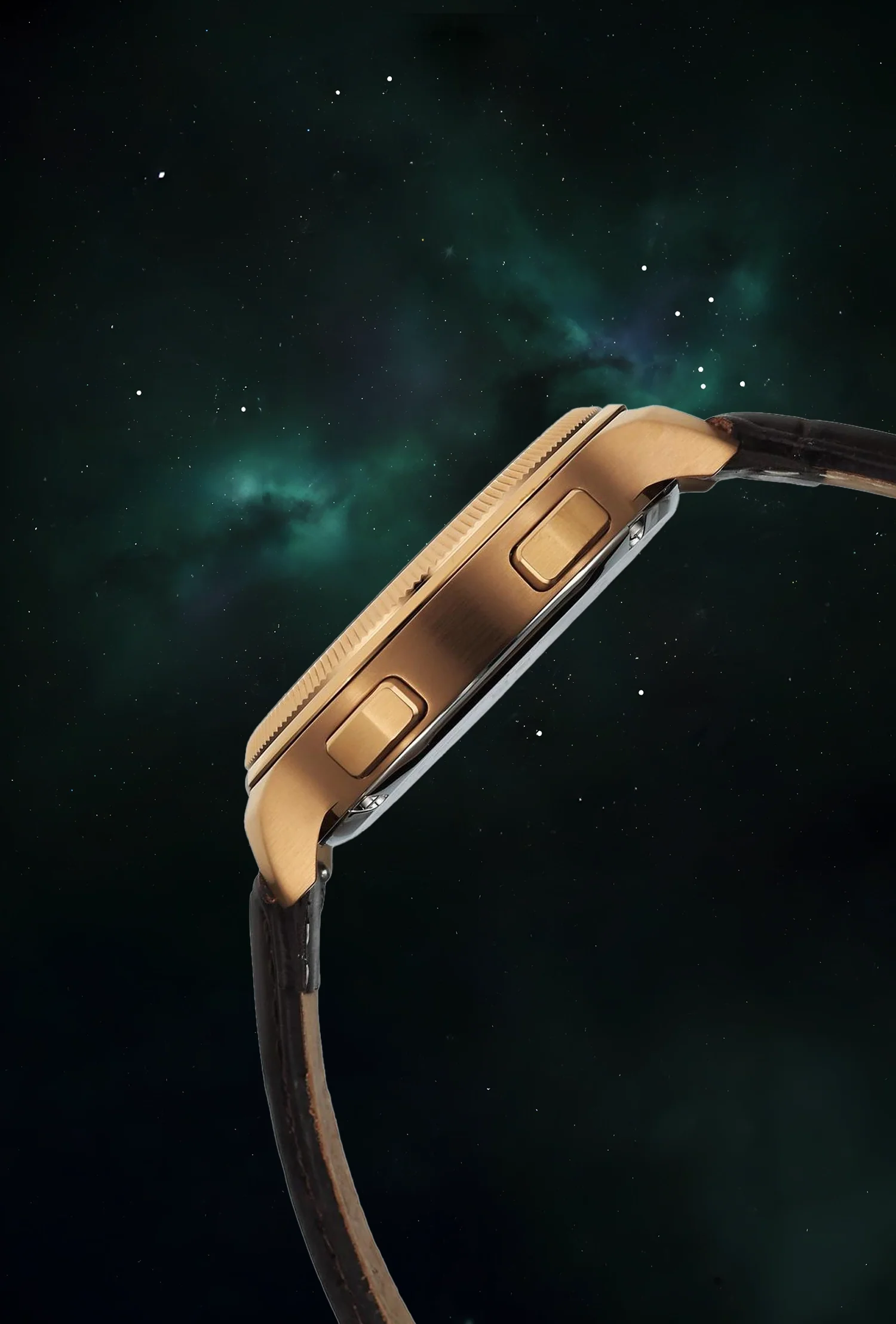 Side view highlights gold-toned Titan Stellar analog watch case with buttons & brown leather strap.