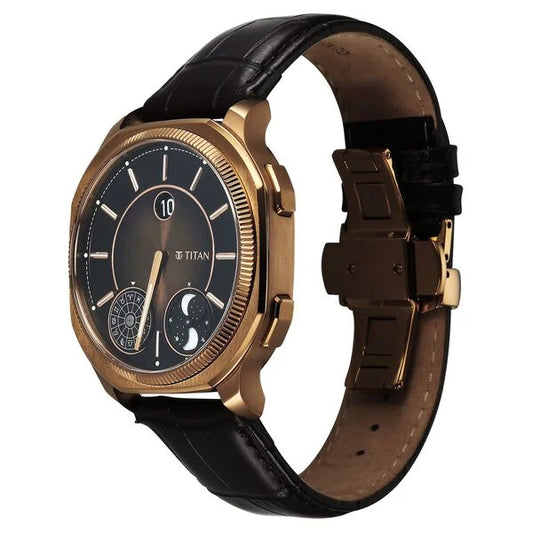 Titan Stellar Zodiac Analog with Dual Moonphase and Jumping Hour and Brown Dial Brown Leather Strap Watch for Men