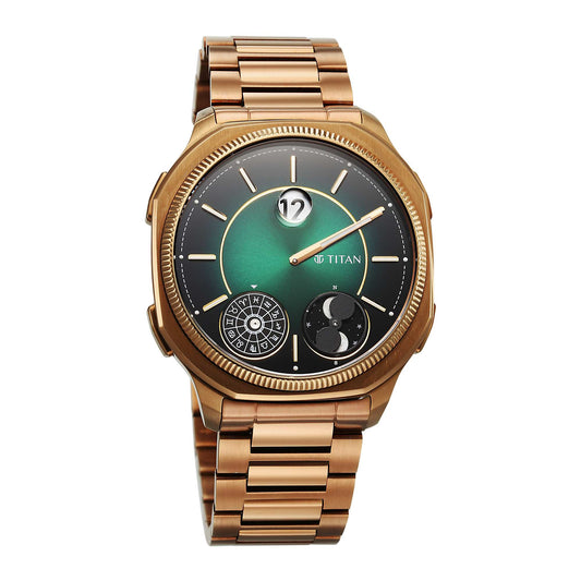 Titan Stellar Jumping Hour Micromotors Zodiac Analog with Dual Moonphase and Green Dial IP Bronze Stainless Steel Watch for Men