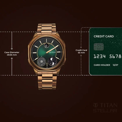 Titan Stellar Jumping Hour Micromotors Zodiac Analog with Dual Moonphase and Green Dial IP Bronze Stainless Steel Watch for Men